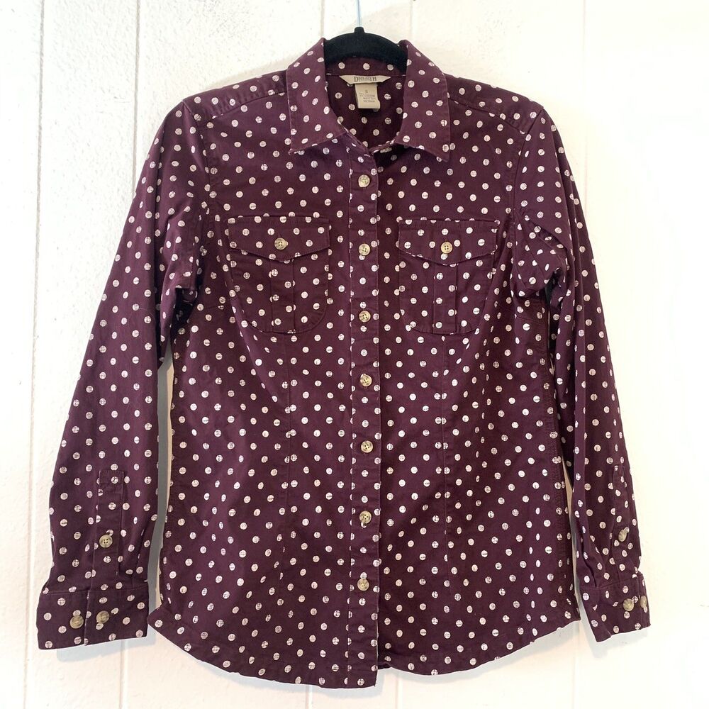 Duluth Trading Co Womens Small Long Sleeve Button Up Red Burgundy Polka Dot